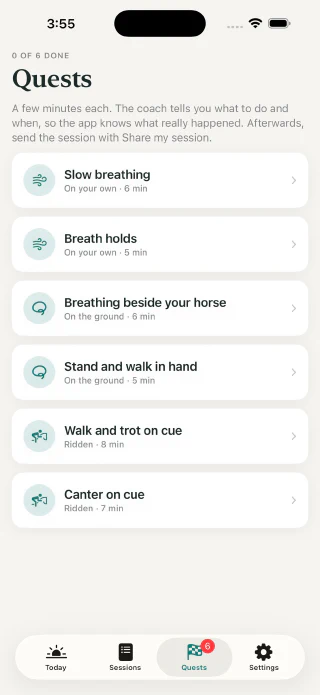 The Quests screen, listing six guided sessions from Slow breathing to Canter on cue.