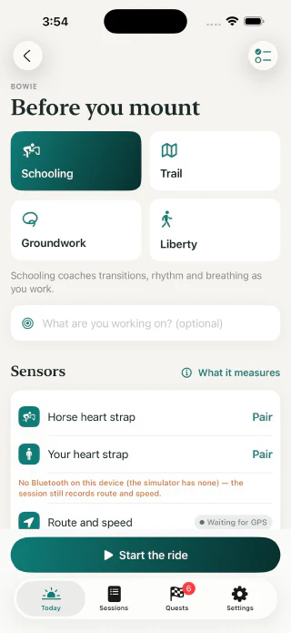 Choosing a session mode for Bowie: Schooling, Trail, Groundwork or Liberty.