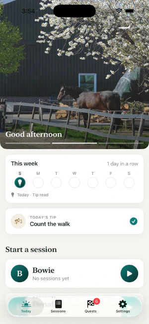 The Today screen: a photo of a horse under a cherry tree, this week's activity, today's tip, and a card to start a session with Bowie.