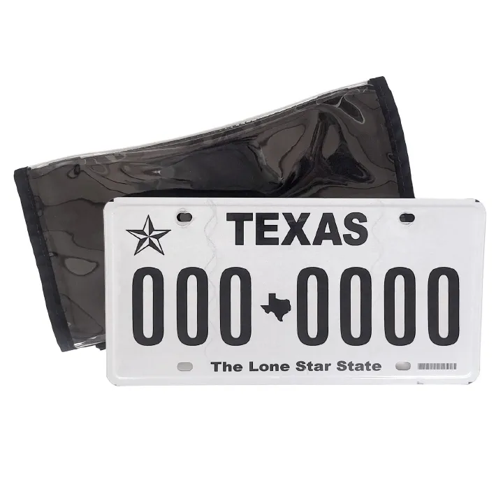 A Texas license plate in front of the clear VisorPlate sleeve.