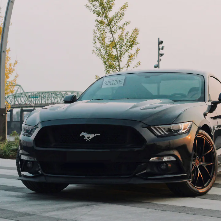 A black Ford Mustang with a plate behind the windshield.